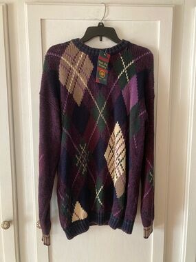 VTG NWT Bugle Boy Purple and Navy Argyle Crewneck Sweater